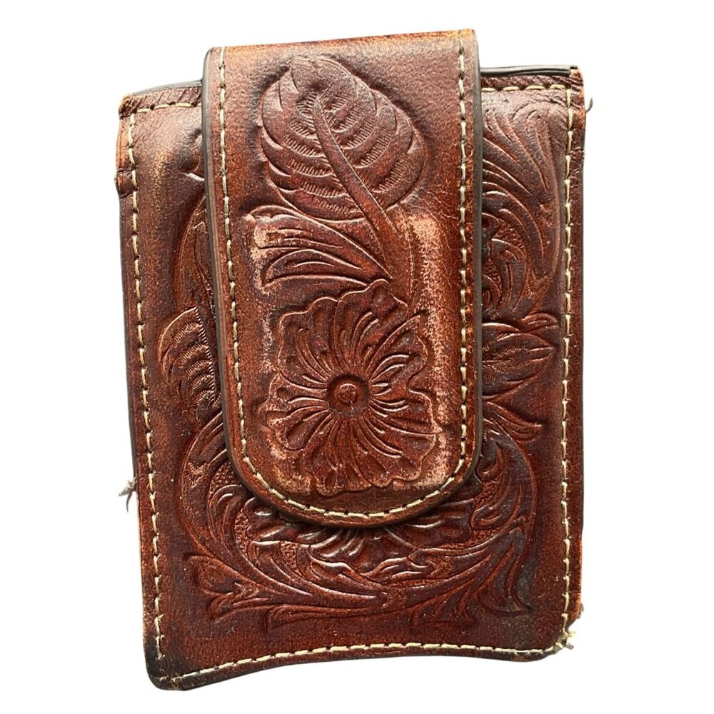 Hand-Tooled Brown Leather Magnetic Ariat Credit Card Wallet Cowboy Western 4"x 3